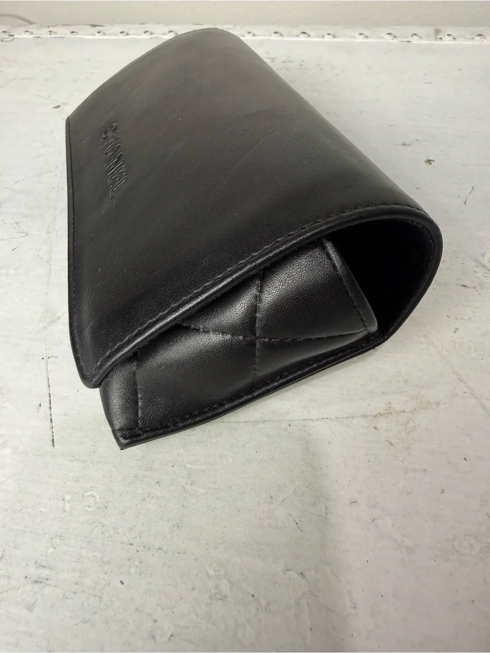 CHANEL Black Leather Quilted Hard Clamshell For Case Eyeglasses & Sunglasses